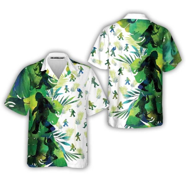 Bigfoot Silhouettes in Tropical Hawaiian Shirt Green Sasquatch Summer Aloha Shirt For Men Perfect Gift For Friends Husband Boyfriend Family