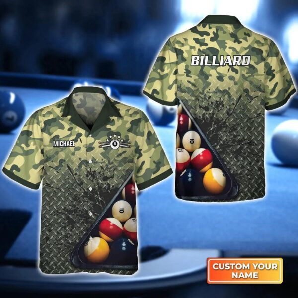 Billiard Hawaiian Shirt Custom Name Green Camo Personalized Aloha Hawaiian Shirt For Men Perfect Gift For Billiard Lovers Billiard Players