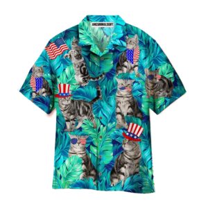 Cat 4th July Independence Day Palm Leaves Pattern Aloha Hawaiian Shirts For Men Women USA Flag Hawaiian Shirt Gift For Summer Patriot Cats Lover