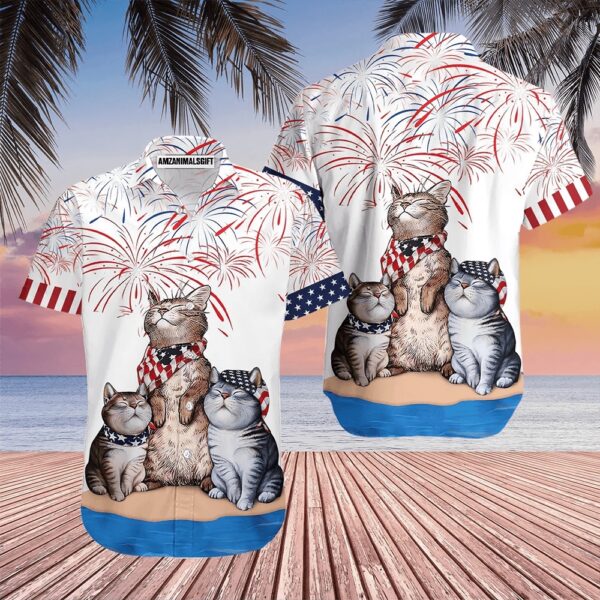 Cat American Flag Firework Aloha Hawaiian Shirts For Men Women 4th July Gift For Summer Friend Family Independence Day Cat Lovers Cat Mom Dad