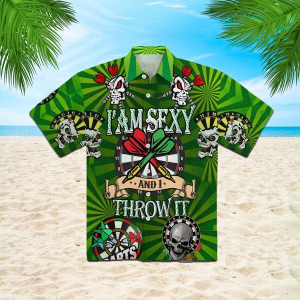 Darts Aloha Hawaiian Shirts For Summer Dartboard Skull Green Hawaiian Shirt For Men Women Gift For Friend Darts Lovers Im Sexy And I Throw It