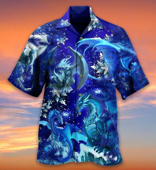 Dragon Snow Hawaiian Shirt For Summer Dragon Merry Xmas Snow Love Blue Color Hawaiian Shirts Outfit For Men Women Dragon Lovers