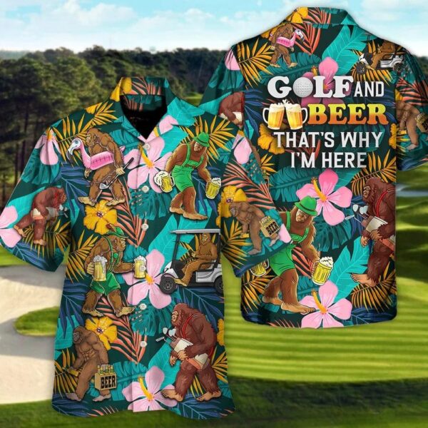 Golf Hawaiian Shirts Golf Funny Bigfoot Playing Golf Golf and Beer Tropical Floral Hawaiian Shirt Perfect Gift For Men Golfers Golf Lovers